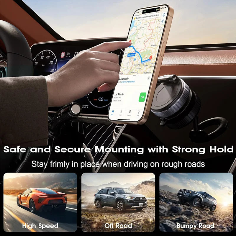 Soporte magnético para teléfono de coche con ventosa mecánica giratoria de 360° y soporte universal para navegación.