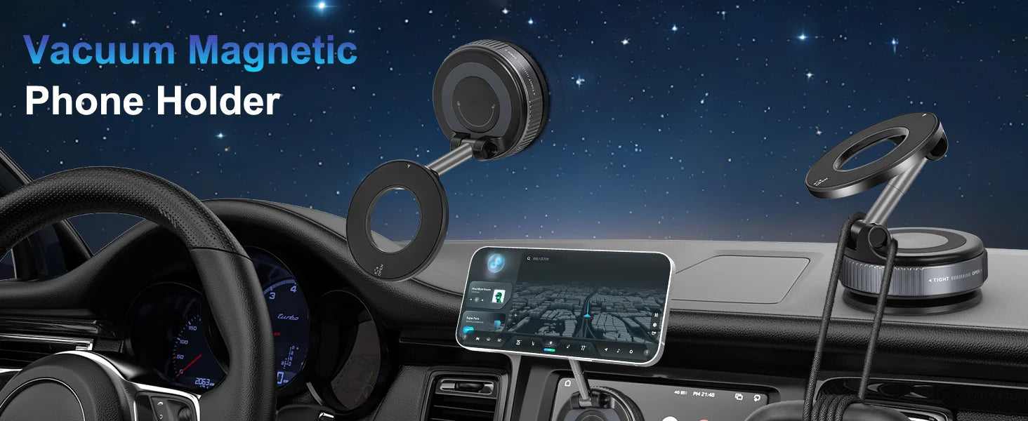 Soporte magnético para teléfono de coche con ventosa mecánica giratoria de 360° y soporte universal para navegación.