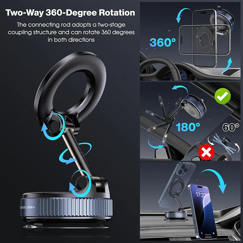 Soporte magnético para teléfono de coche con ventosa mecánica giratoria de 360° y soporte universal para navegación.