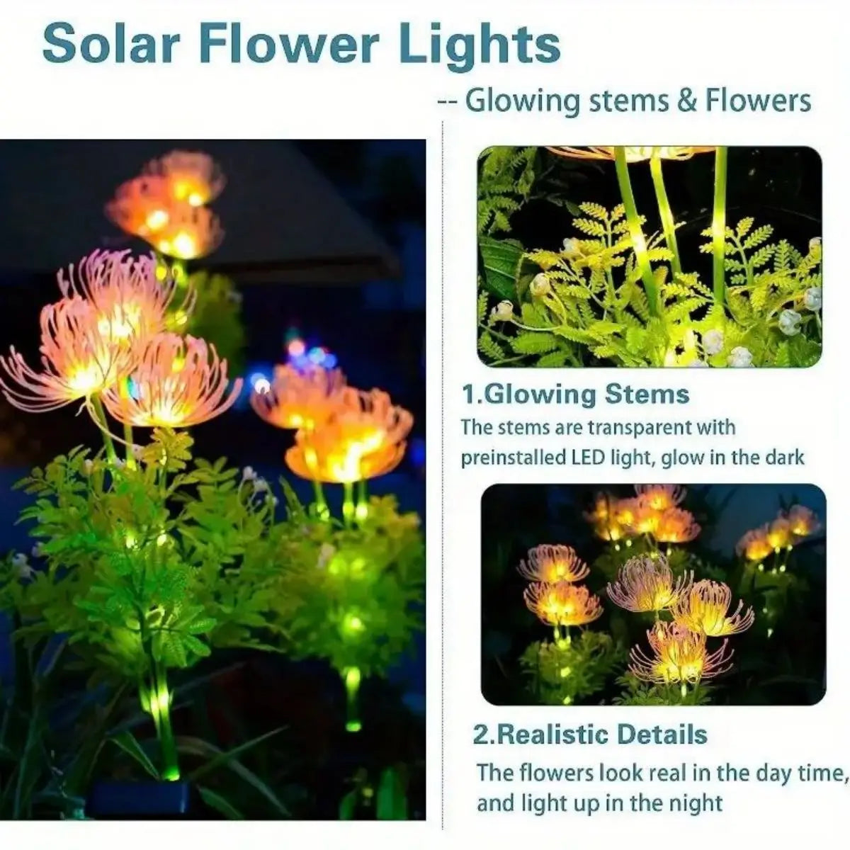 Luces solares para jardín, luces solares con forma de flores, flores y tallos luminosos, luz LED solar para exteriores para decoración de jardín, camino, terraza y patio.