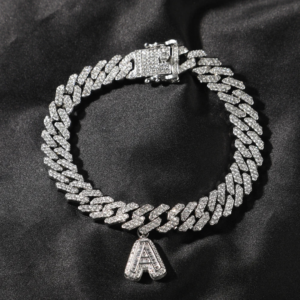 Tobillera Uwin S-Link Miami Cuban Link con letras baguette incrustadas en diamantes, joyería hip hop brillante para mujeres y hombres