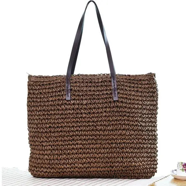 Bolso de mano para mujer, bolso de playa de verano, ratán tejido a mano, paja tejida, gran capacidad, bolsos de mano de cuero para mujer, bolso de hombro bohemio nuevo