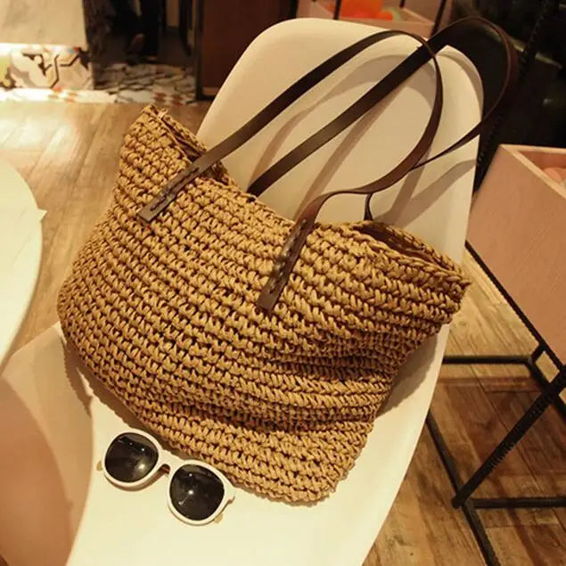 Bolso de mano para mujer, bolso de playa de verano, ratán tejido a mano, paja tejida, gran capacidad, bolsos de mano de cuero para mujer, bolso de hombro bohemio nuevo