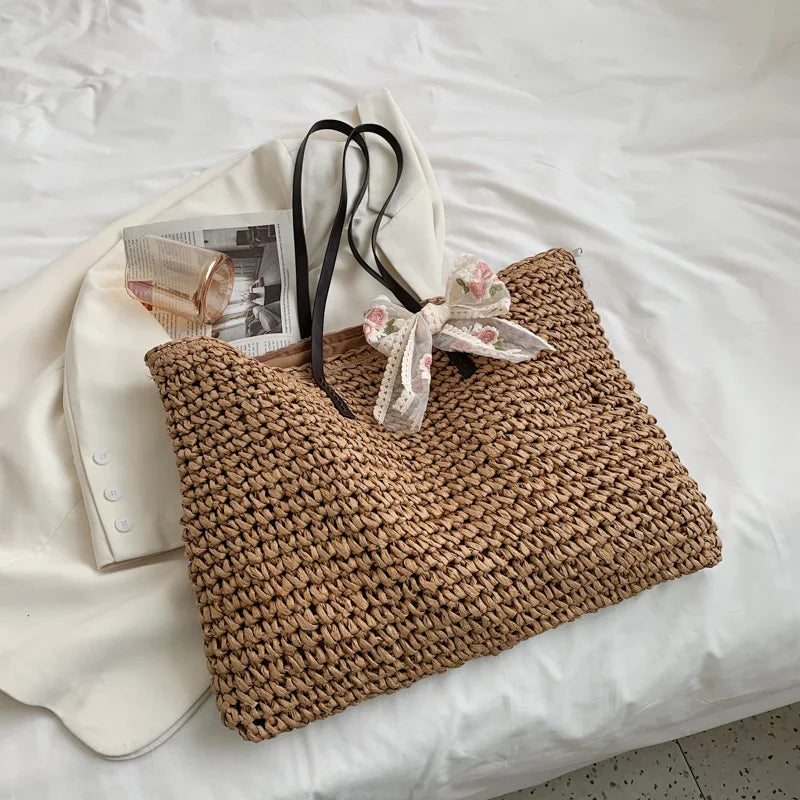 Bolso de mano para mujer, bolso de playa de verano, ratán tejido a mano, paja tejida, gran capacidad, bolsos de mano de cuero para mujer, bolso de hombro bohemio nuevo