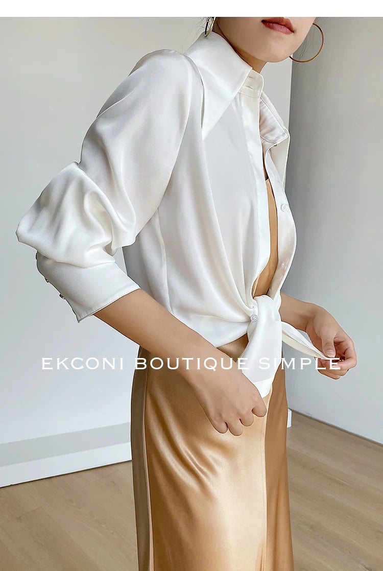 Blusa de mujer elegante de estilo vintage para otoño, ideal para la oficina, con cuello vuelto y mangas largas.