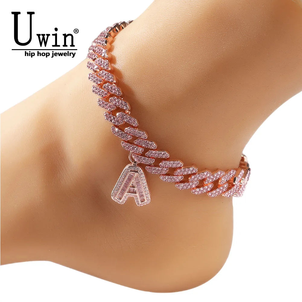 Tobillera Uwin S-Link Miami Cuban Link con letras baguette incrustadas en diamantes, joyería hip hop brillante para mujeres y hombres