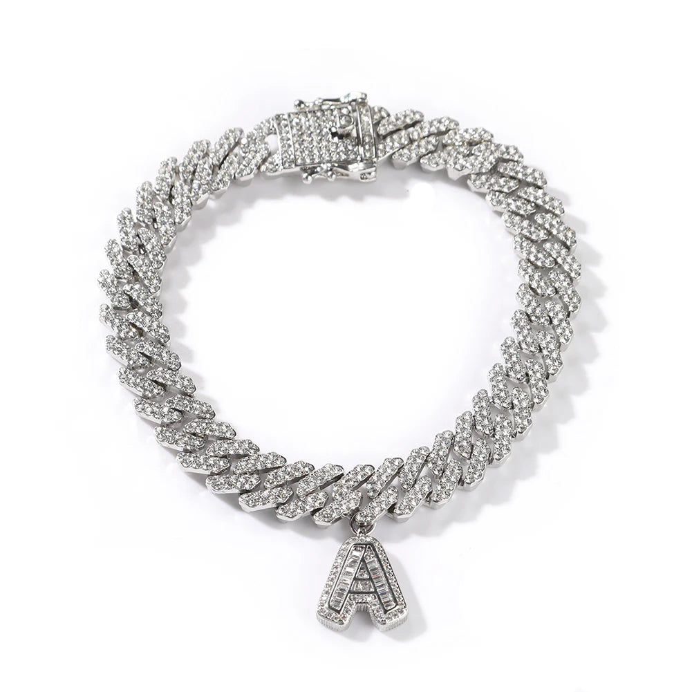 Tobillera Uwin S-Link Miami Cuban Link con letras baguette incrustadas en diamantes, joyería hip hop brillante para mujeres y hombres