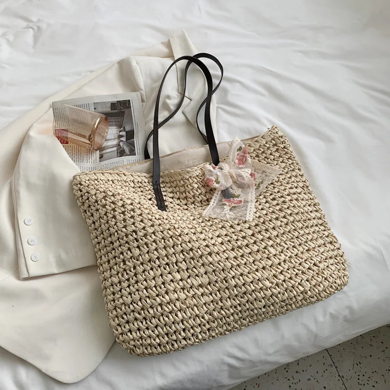 Bolso de mano para mujer, bolso de playa de verano, ratán tejido a mano, paja tejida, gran capacidad, bolsos de mano de cuero para mujer, bolso de hombro bohemio nuevo