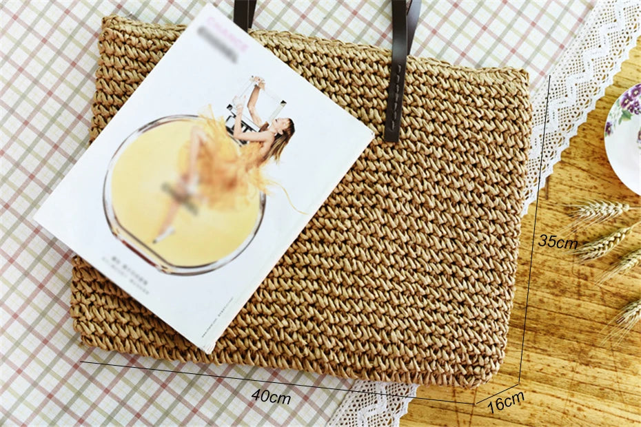 Bolso de mano para mujer, bolso de playa de verano, ratán tejido a mano, paja tejida, gran capacidad, bolsos de mano de cuero para mujer, bolso de hombro bohemio nuevo