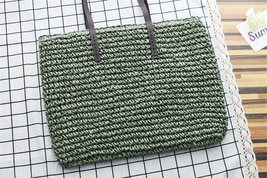 Bolso de mano para mujer, bolso de playa de verano, ratán tejido a mano, paja tejida, gran capacidad, bolsos de mano de cuero para mujer, bolso de hombro bohemio nuevo