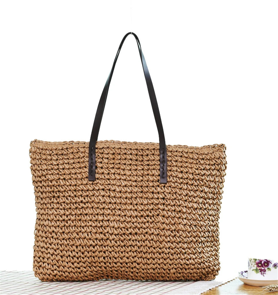 Bolso de mano para mujer, bolso de playa de verano, ratán tejido a mano, paja tejida, gran capacidad, bolsos de mano de cuero para mujer, bolso de hombro bohemio nuevo