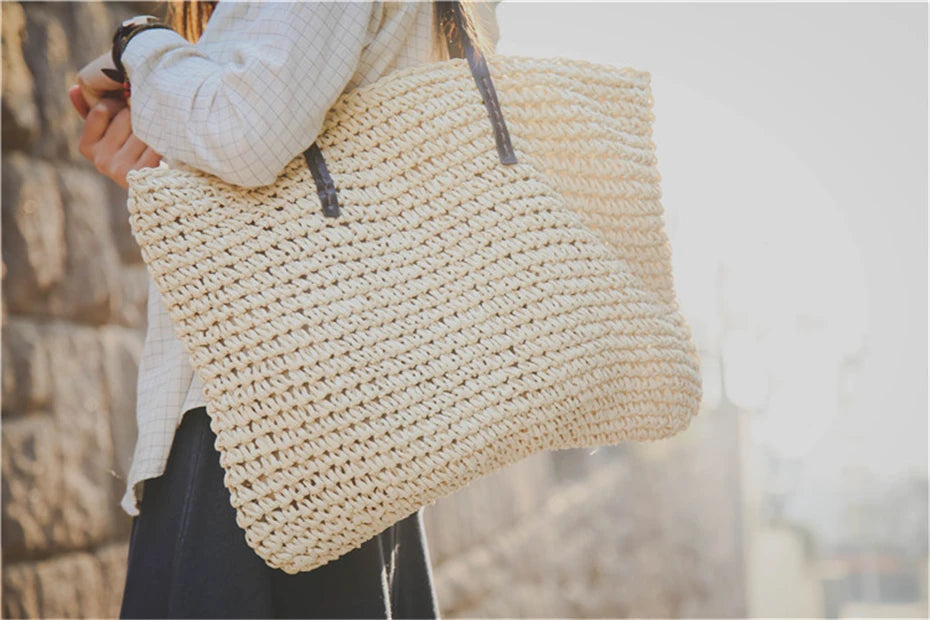 Bolso de mano para mujer, bolso de playa de verano, ratán tejido a mano, paja tejida, gran capacidad, bolsos de mano de cuero para mujer, bolso de hombro bohemio nuevo