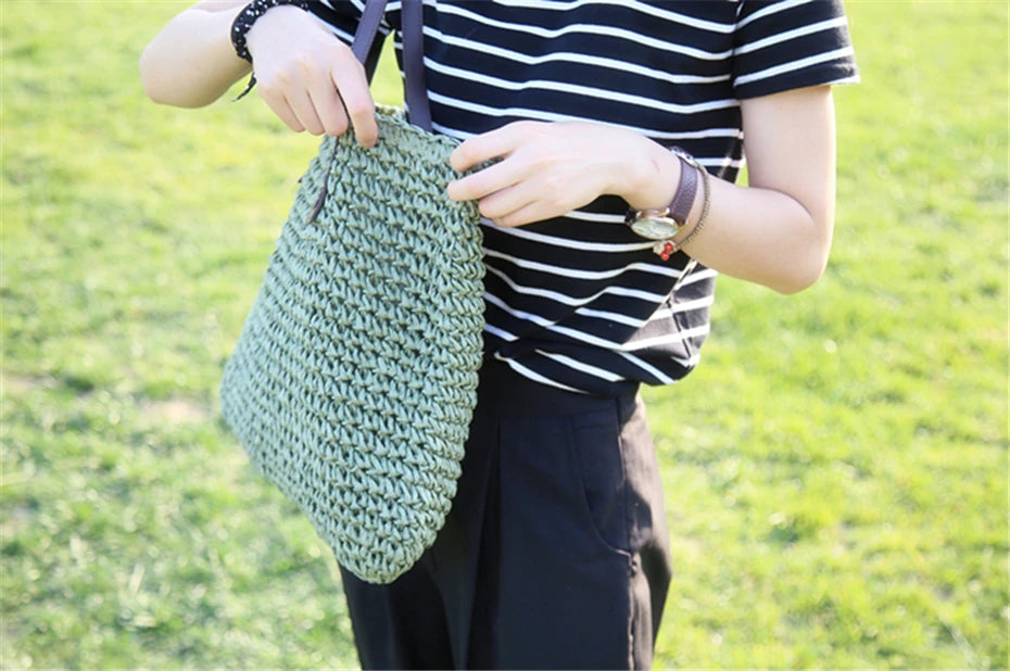 Bolso de mano para mujer, bolso de playa de verano, ratán tejido a mano, paja tejida, gran capacidad, bolsos de mano de cuero para mujer, bolso de hombro bohemio nuevo