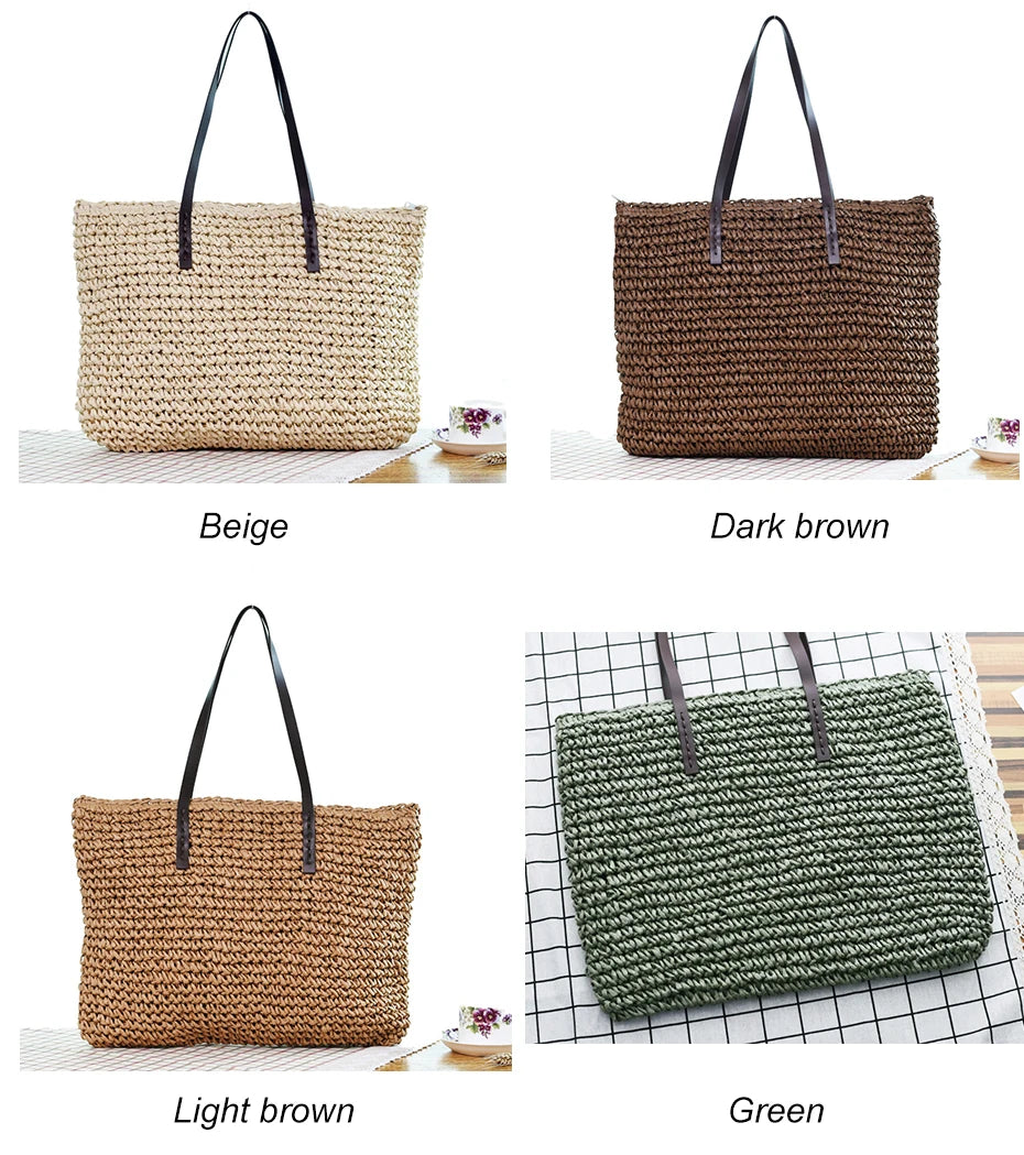 Bolso de mano para mujer, bolso de playa de verano, ratán tejido a mano, paja tejida, gran capacidad, bolsos de mano de cuero para mujer, bolso de hombro bohemio nuevo