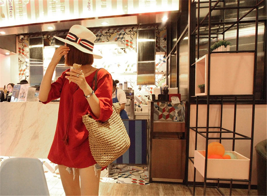 Bolso de mano para mujer, bolso de playa de verano, ratán tejido a mano, paja tejida, gran capacidad, bolsos de mano de cuero para mujer, bolso de hombro bohemio nuevo