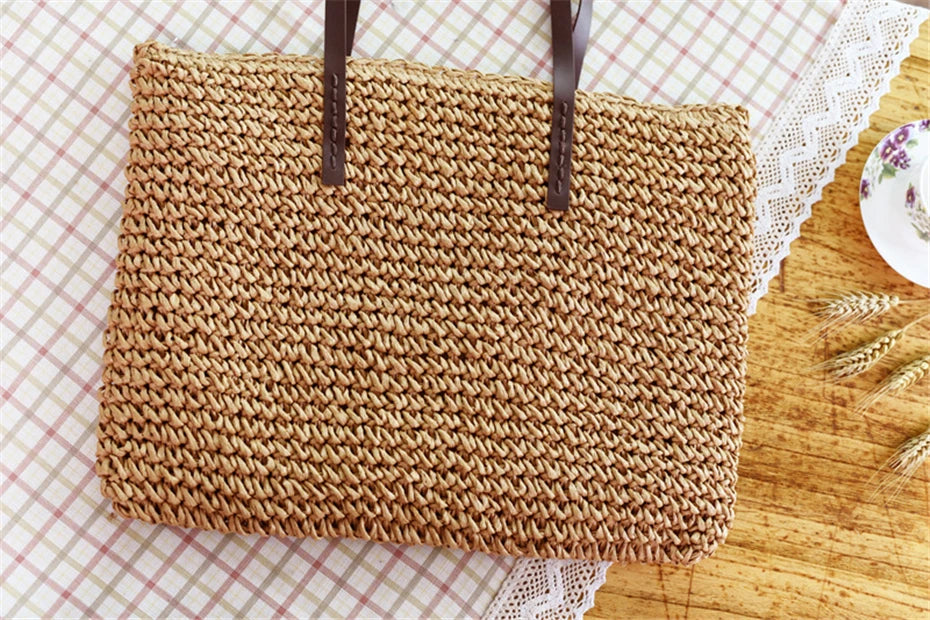 Bolso de mano para mujer, bolso de playa de verano, ratán tejido a mano, paja tejida, gran capacidad, bolsos de mano de cuero para mujer, bolso de hombro bohemio nuevo
