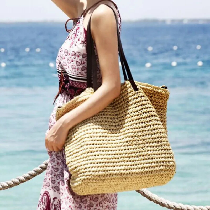 Bolso de mano para mujer, bolso de playa de verano, ratán tejido a mano, paja tejida, gran capacidad, bolsos de mano de cuero para mujer, bolso de hombro bohemio nuevo