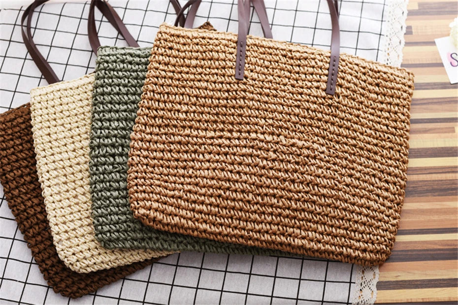 Bolso de mano para mujer, bolso de playa de verano, ratán tejido a mano, paja tejida, gran capacidad, bolsos de mano de cuero para mujer, bolso de hombro bohemio nuevo