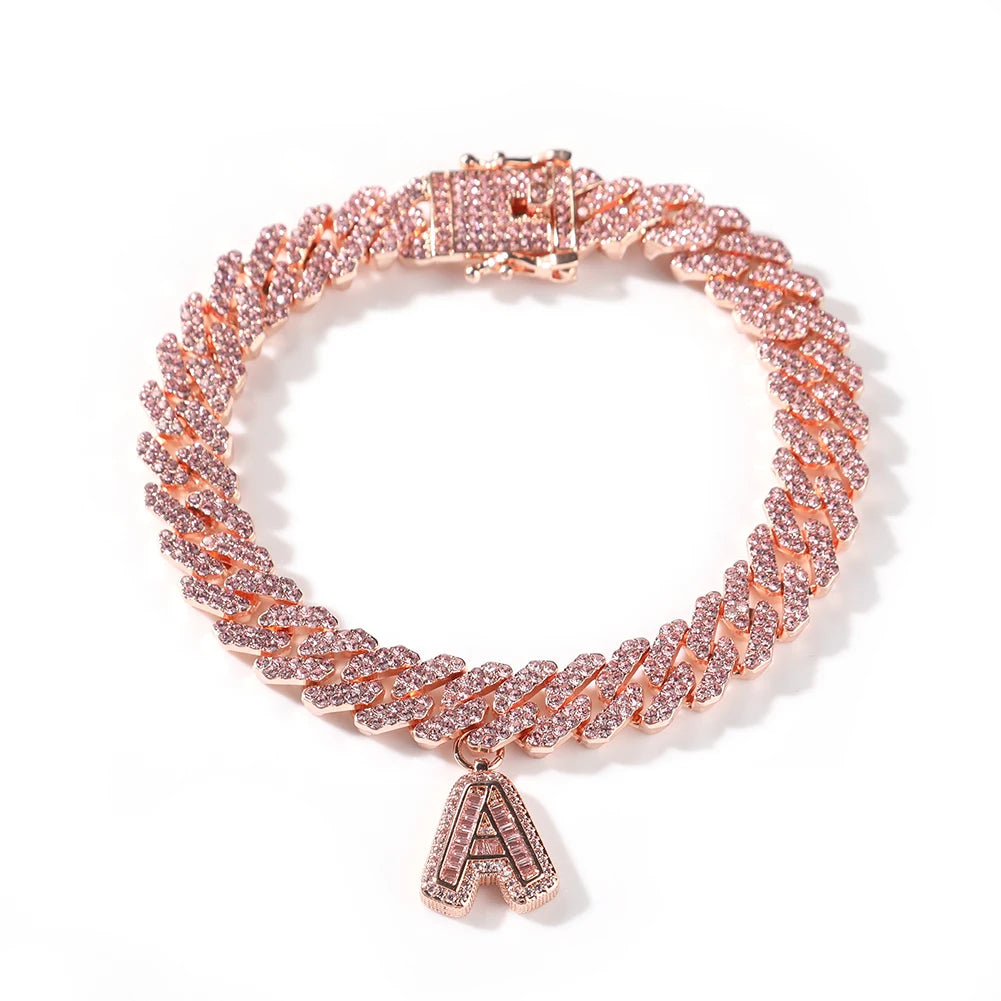 Tobillera Uwin S-Link Miami Cuban Link con letras baguette incrustadas en diamantes, joyería hip hop brillante para mujeres y hombres