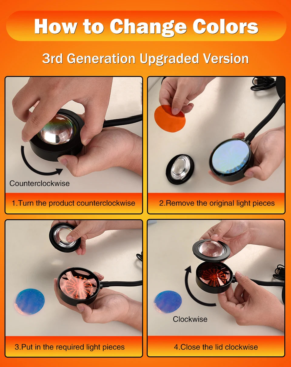 Lámpara USB con efecto atardecer, proyector de atardecer, luz ambiental.