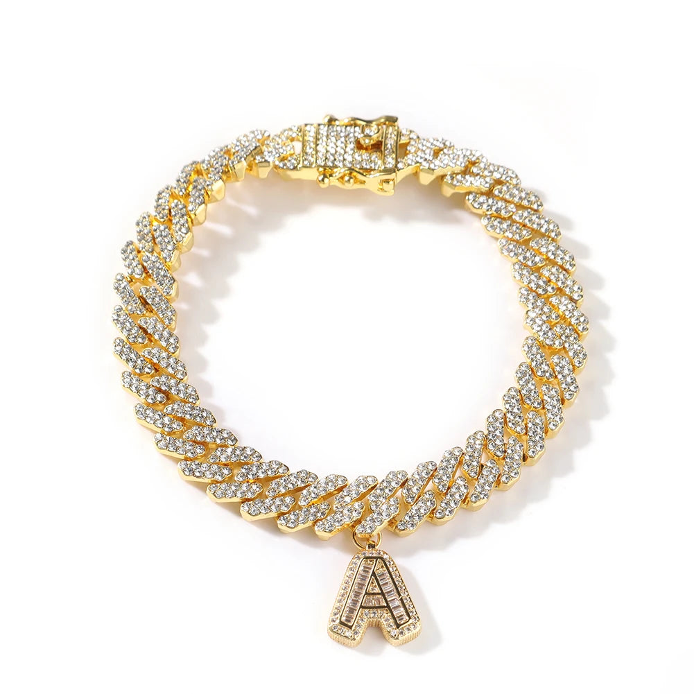 Tobillera Uwin S-Link Miami Cuban Link con letras baguette incrustadas en diamantes, joyería hip hop brillante para mujeres y hombres