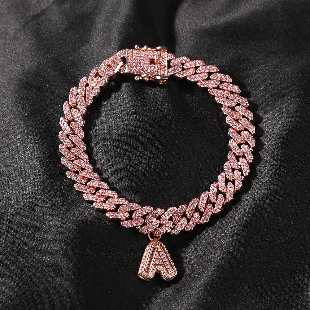 Tobillera Uwin S-Link Miami Cuban Link con letras baguette incrustadas en diamantes, joyería hip hop brillante para mujeres y hombres