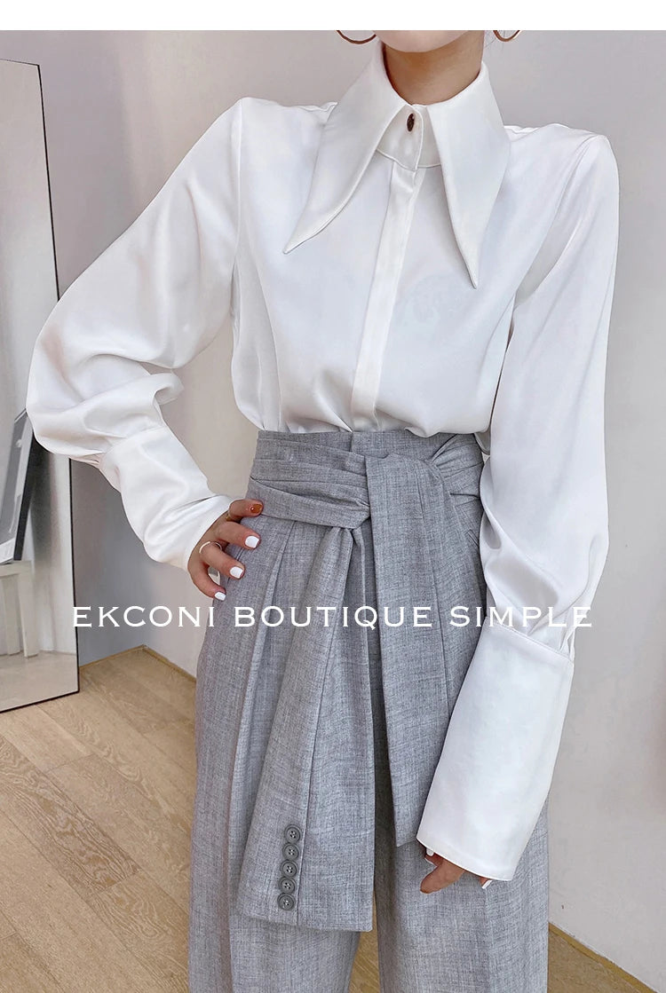 Blusa de mujer elegante de estilo vintage para otoño, ideal para la oficina, con cuello vuelto y mangas largas.