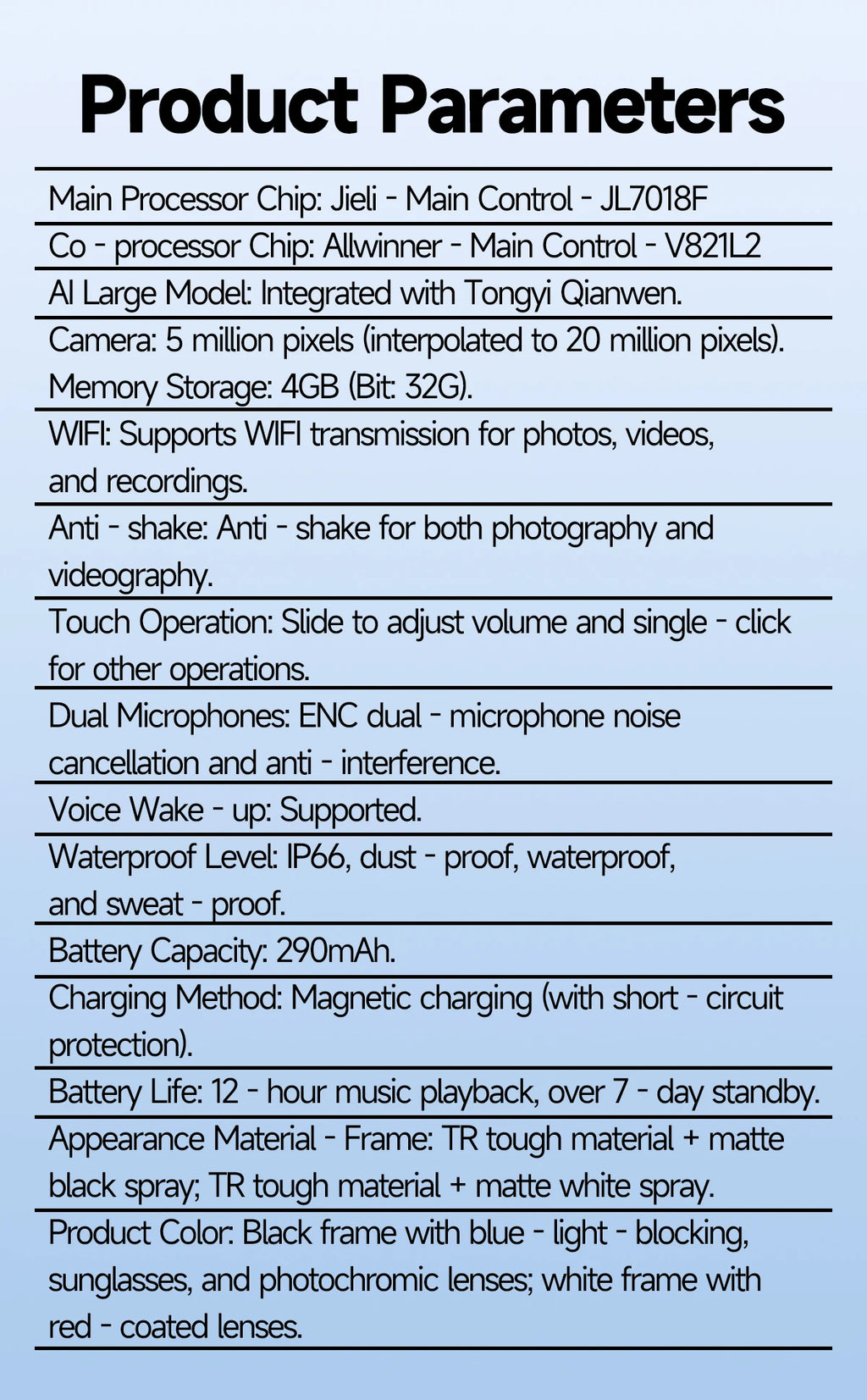Gafas inteligentes con IA, 5 millones de píxeles, grabación de vídeo, reconocimiento fotográfico, traducción de respuestas, batería de 290 mAh, resistencia al agua IP66, Bluetooth.