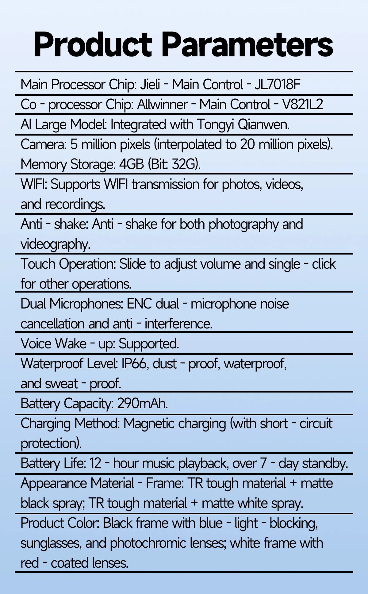 Gafas inteligentes con IA, 5 millones de píxeles, grabación de vídeo, reconocimiento fotográfico, traducción de respuestas, batería de 290 mAh, resistencia al agua IP66, Bluetooth.