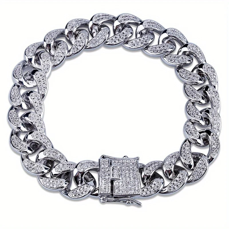 Pulsera de lujo con cadena cubana y diamantes de imitación para hombre, joyería hip-hop con cristales engastados, pulsera brillante de acero inoxidable, regalo