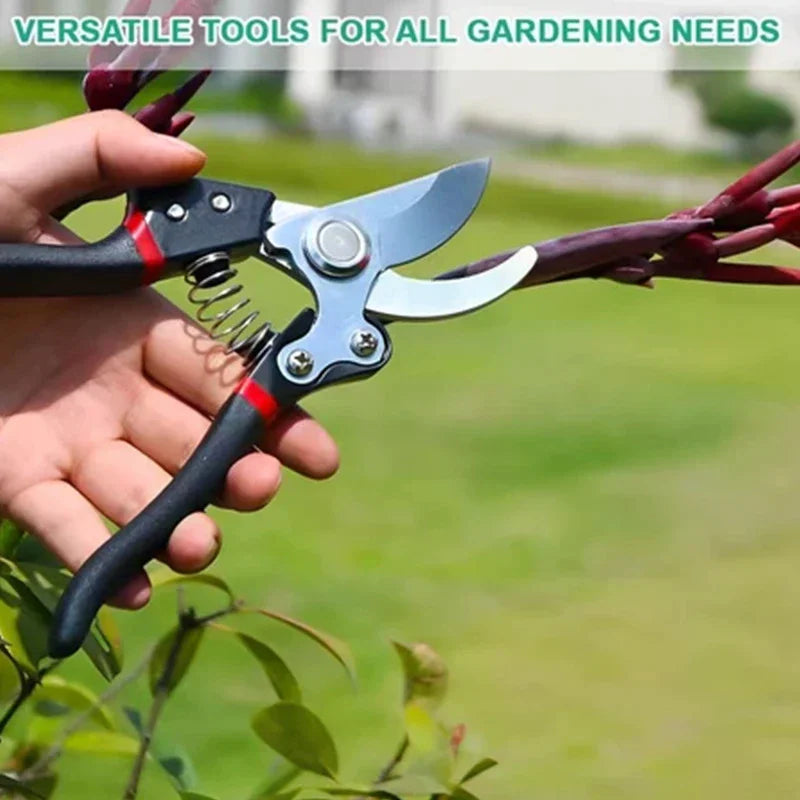 Juego de herramientas de jardinería multiusos con 5 piezas: tijeras de podar, sierra plegable, tijeras para plantas.