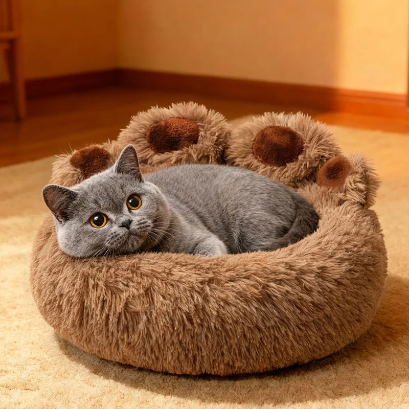 Cama de invierno grande para perros con forma de pata, cama relajante para mascotas, cama de felpa cálida tipo donut para perros y gatos con base antideslizante, tamaño grande para perros grandes.