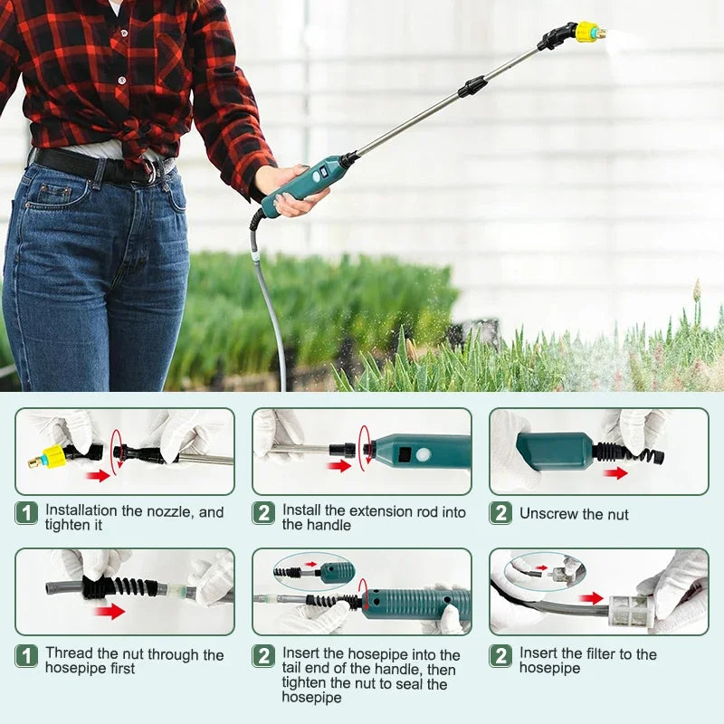 Pulverizador eléctrico portátil de 2400 mAh con 3 boquillas de niebla para riego de plantas y jardines.