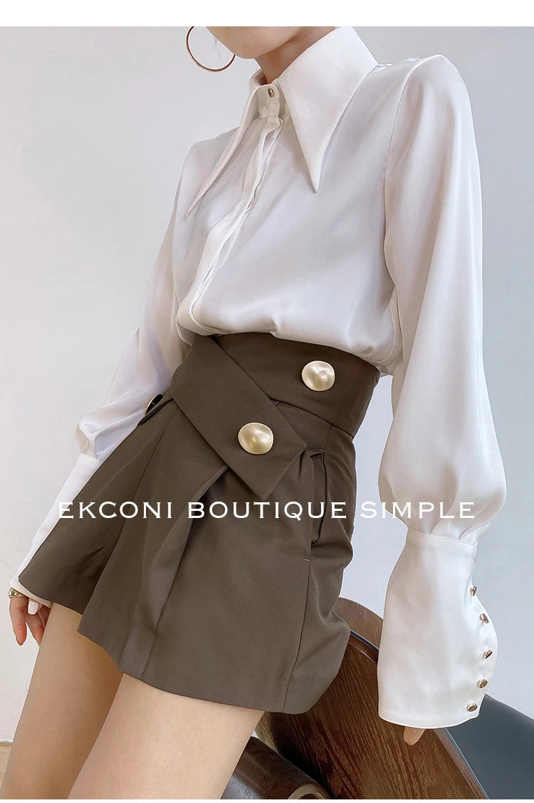 Blusa de mujer elegante de estilo vintage para otoño, ideal para la oficina, con cuello vuelto y mangas largas.