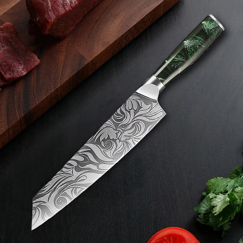 Cuchillo de cocina, cuchillo de chef, cuchillo japonés, cuchillo con patrón de Damasco láser, cuchillo para cortar carne, fruta, pan, verduras, cuchillo deshuesador, cuchillo multiusos para rebanar