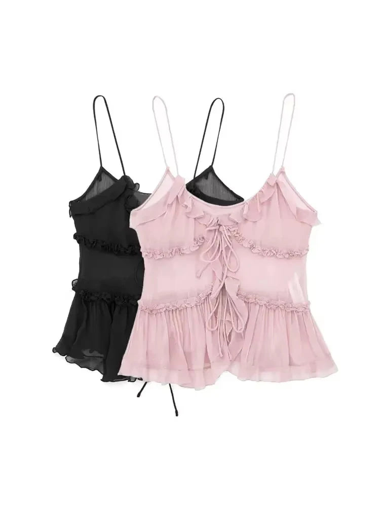 Moda femenina con tops semitransparentes con volantes en la parte delantera y tirantes finos sin espalda, sexys, para mujer