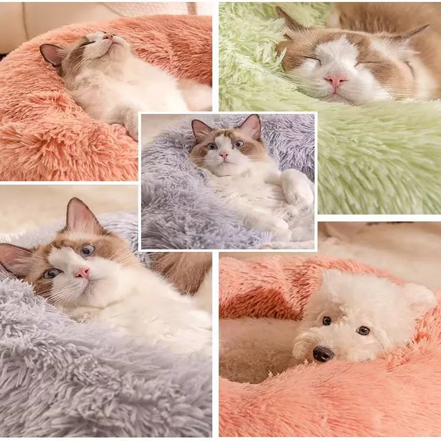 Cama suave para mascotas, almohadilla de felpa cálida de piel sintética para perros, cama relajante tipo donut redonda, cómoda para dormir, lavable, para perros y gatos pequeños y medianos.