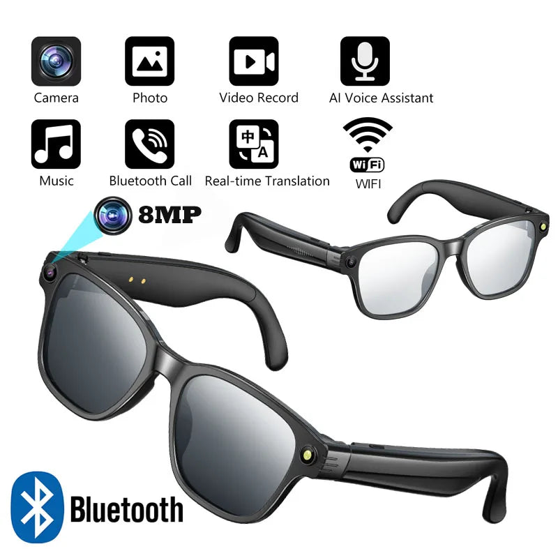 Gafas inteligentes con cámara HD de 8 MP, vídeo HD antivibración de 1200p, asistente de voz inteligente con IA, traducción en tiempo real y reconocimiento de objetos.