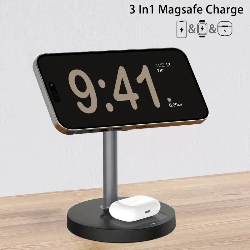 Estación de carga inalámbrica magnética 3 en 1 de 15 W para MagSafe iPhone 17 16 15 14 13 iWatch 10/9/8/7/6 AirPods Pro Cargador rápido de viaje