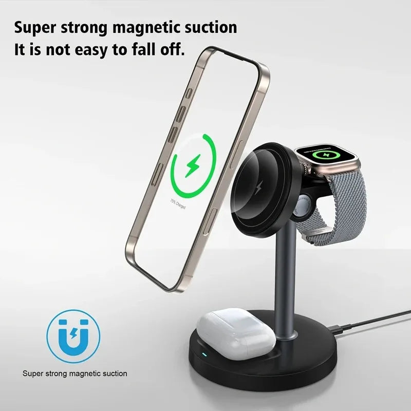 Estación de carga inalámbrica magnética 3 en 1 de 15 W para MagSafe iPhone 17 16 15 14 13 iWatch 10/9/8/7/6 AirPods Pro Cargador rápido de viaje