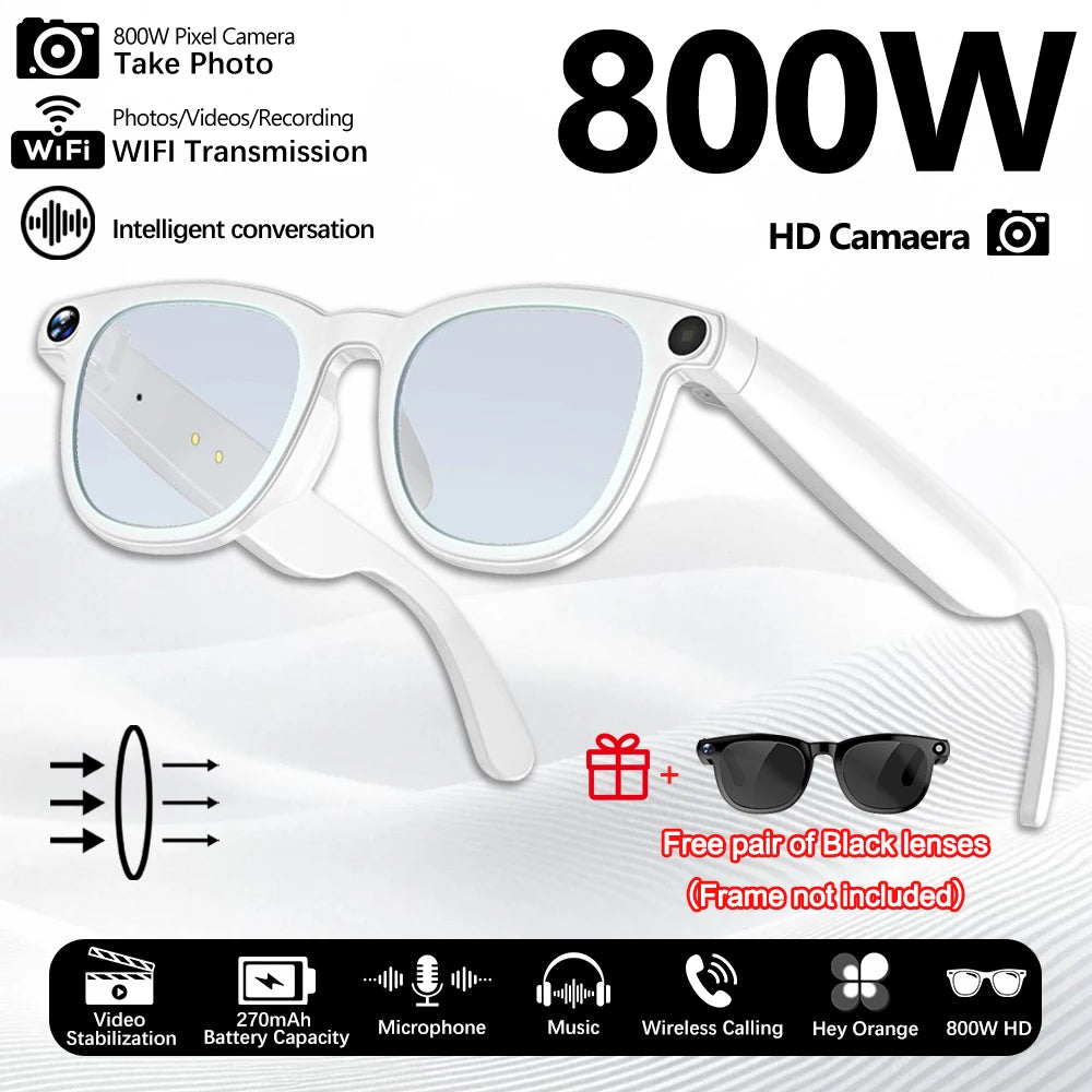 Gafas inteligentes con cámara de píxeles de 800 W, foto y vídeo, gafas de sol con IA, traducción de conversaciones, reuniones de oficina, música y reconocimiento de IA.