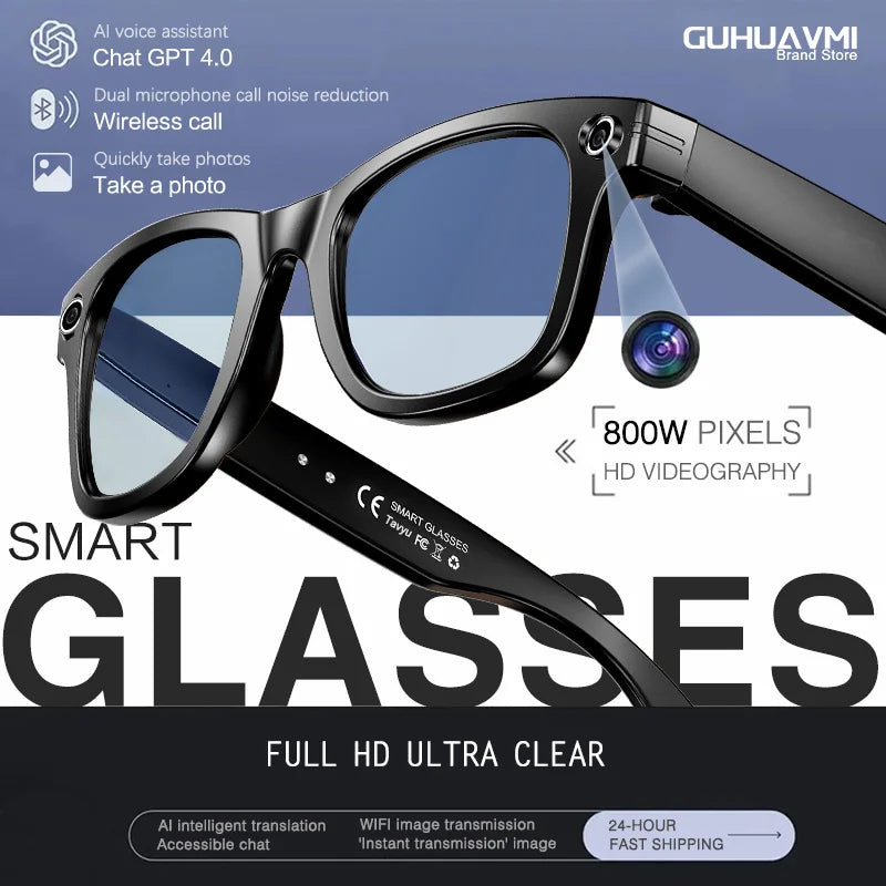 Gafas inteligentes 2026 con cámara de 8 MP, grabación de video, reconocimiento fotográfico por IA, llamadas Bluetooth y traducción de voz. Gafas de sol para hombre y mujer