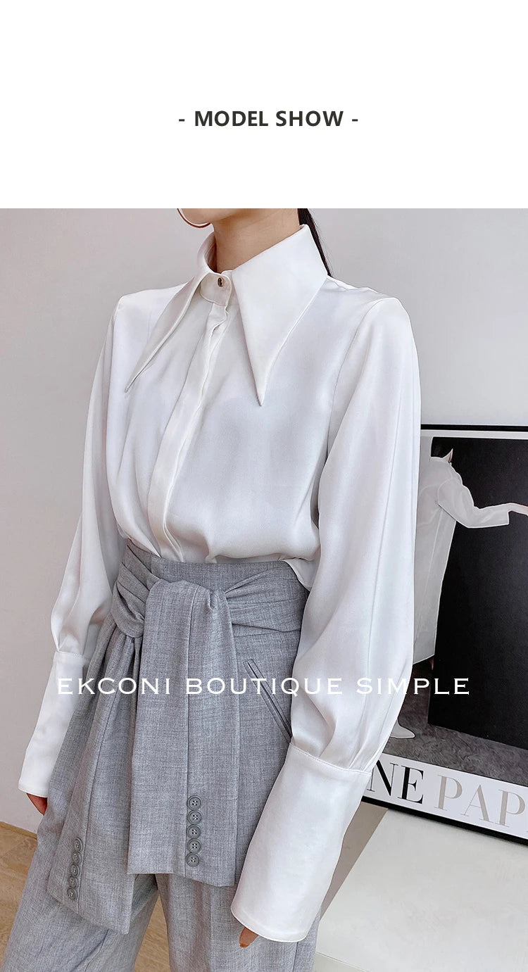 Blusa de mujer elegante de estilo vintage para otoño, ideal para la oficina, con cuello vuelto y mangas largas.