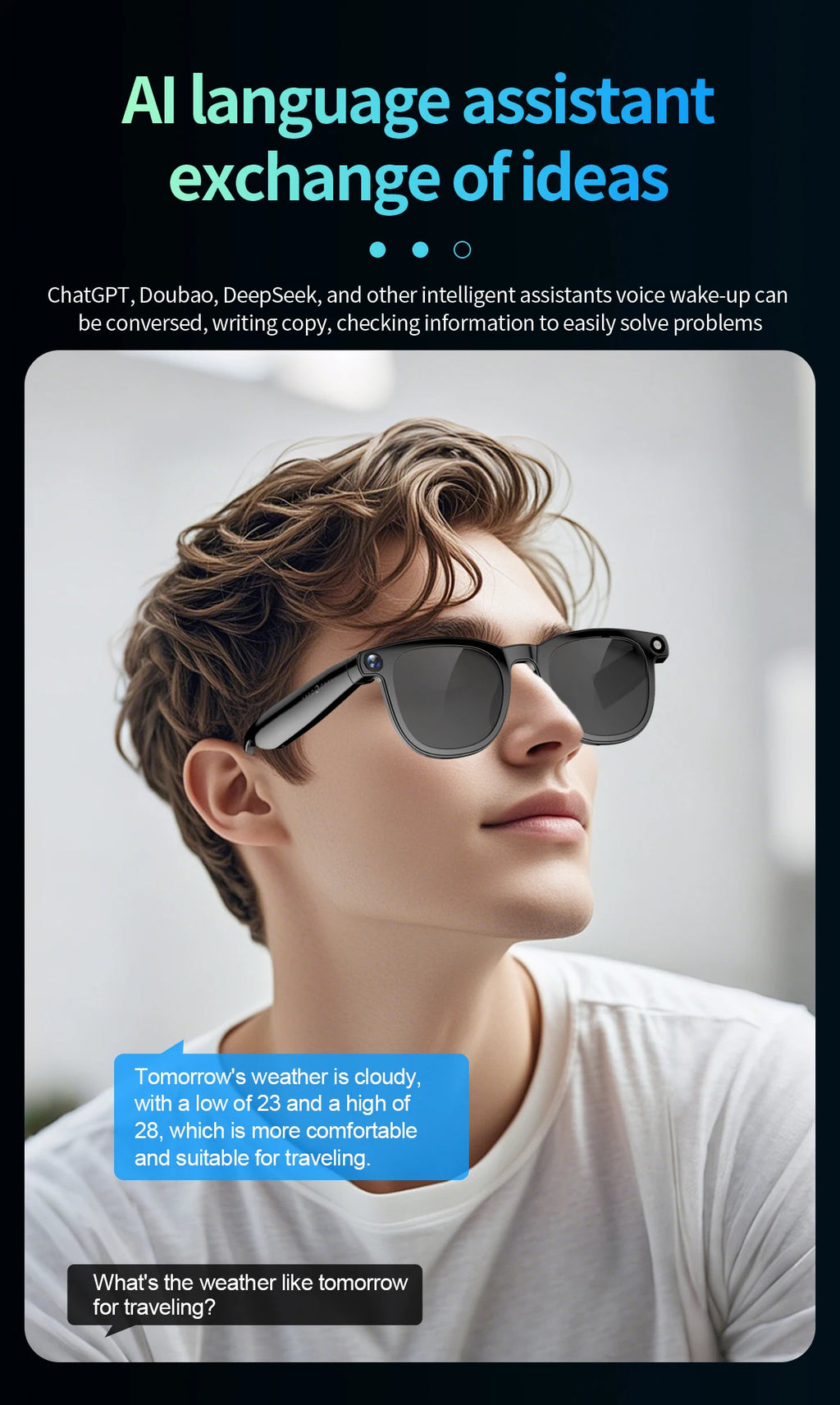Gafas inteligentes con cámara de píxeles de 800 W, foto y vídeo, gafas de sol con IA, traducción de conversaciones, reuniones de oficina, música y reconocimiento de IA.