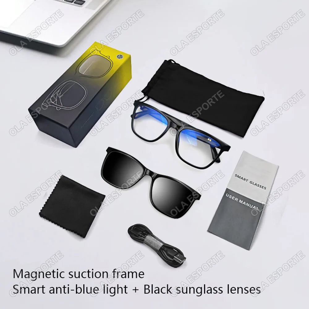 Gafas inteligentes Hot GS05 para hombre 2 en 1 con protección UV, portátiles, polarizadas, con filtro de luz azul, montura negra y lentes blancas. Gafas de sol con función de música.