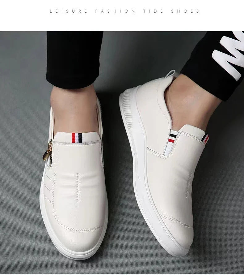 Zapatos casuales de cuero para hombre, mocasines con cremallera, zapatillas de marca de lujo para hombre, cómodos, casuales, mocasines, zapatos para conducir al aire libre.