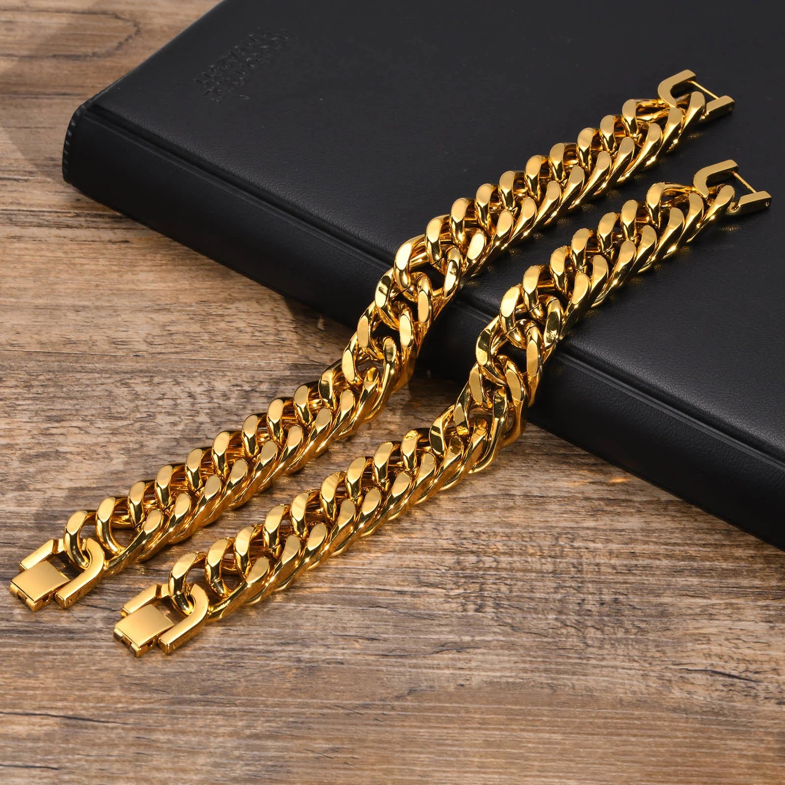 Pulsera de cadena cubana gruesa para hombre, acero inoxidable, oro, plata, negro, estilo retro, eslabones Miami, regalo, 8/10/12/15 mm de ancho