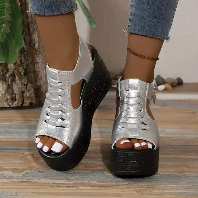 Sandalias de cuña con plataforma para mujer, nuevas, sexys, de color liso, tacón alto, punta abierta, cremallera lateral, antideslizantes, para caminar. Zapatos de diseñador.