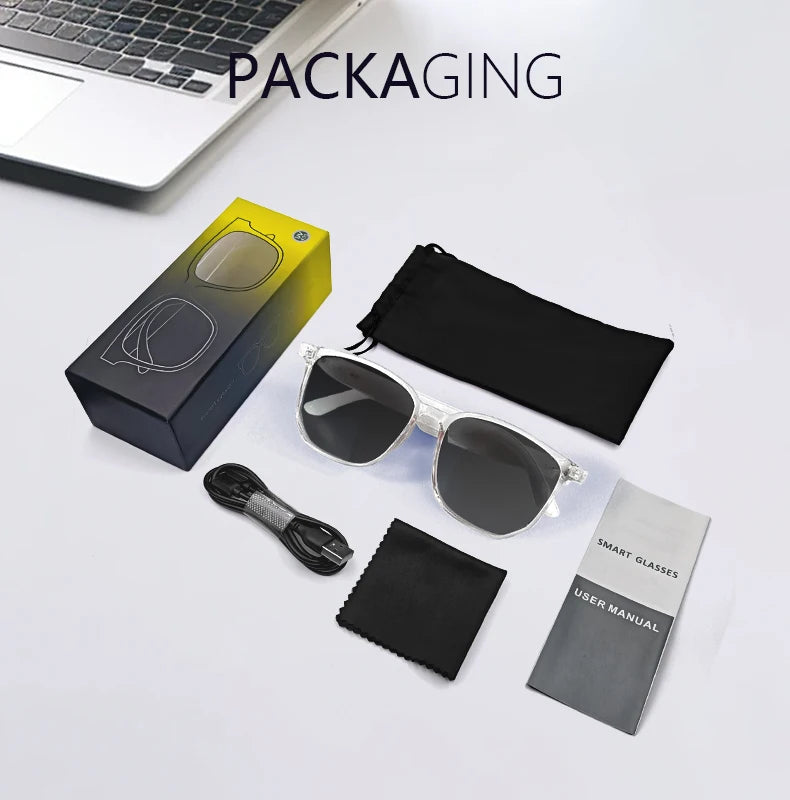 Gafas inteligentes GS03 mejoradas con cámara, grabación de vídeo, reconocimiento fotográfico por IA, traducción de llamadas por Bluetooth y asistente de voz.