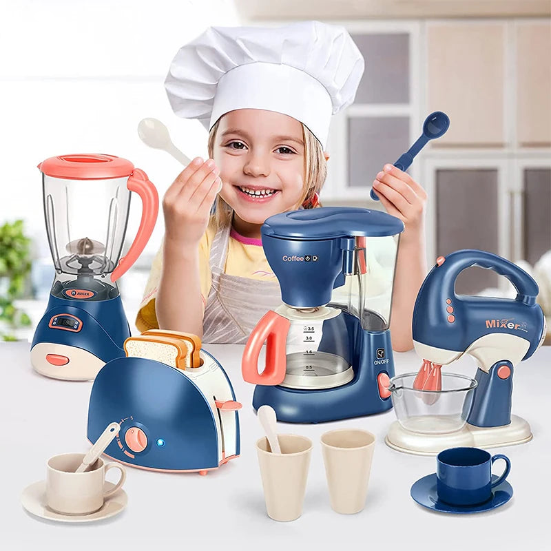 Mini electrodomésticos de juguete para la cocina, juego de imitación con cafetera, licuadora y tostadora para niños y niñas. Regalo ideal.